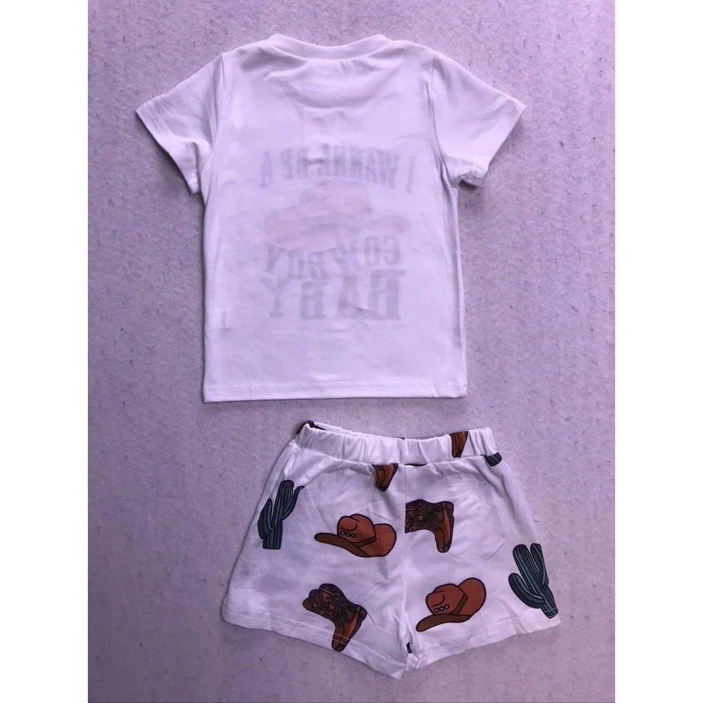 Boutique Shorts Set Kids 9-12M White Cowboy Graphic Western Outfit